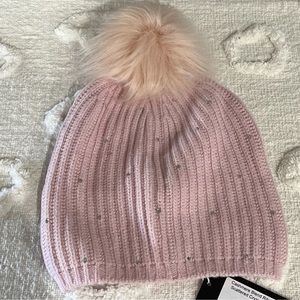 Carolyn Rowan Pink Crystal Faux Fur Pom-Pom Knit Beanie